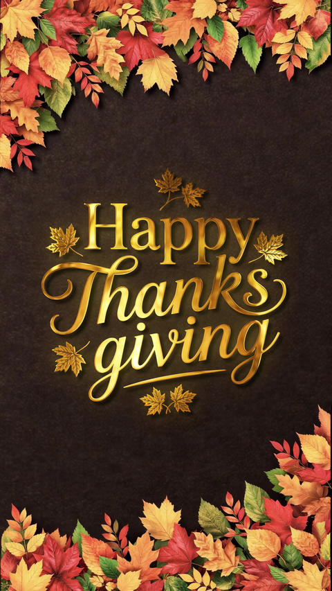 Golden 3D Happy Thanksgiving text with swaying autumn leaves moving in the wind. Vertical video