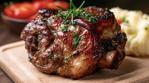 Crispy roasted pork knuckle with rosemary and mashed potatoes