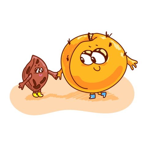Hand drawn vector illustration of a cute peach and peach pit characters holding hands