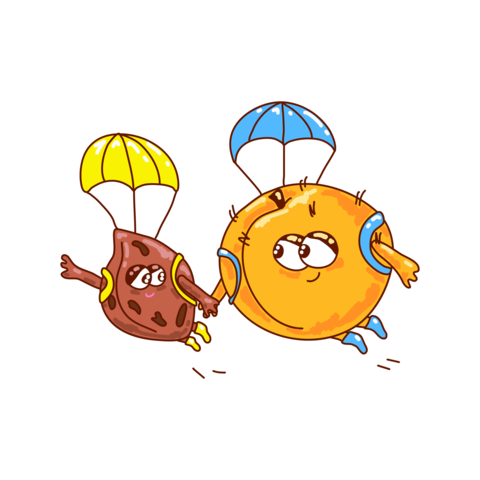Cute Peach and Peach Pit Flying with Parachutes