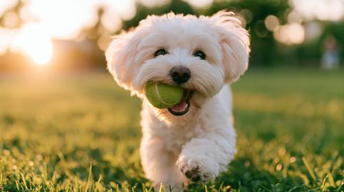 White dog running with a tennis ball during a sunny afternoon at park