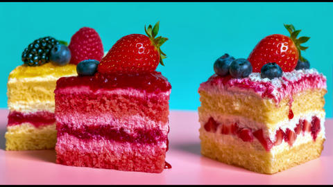 Three colorful layered cake slices with cream, fruit filling and fresh berry toppings