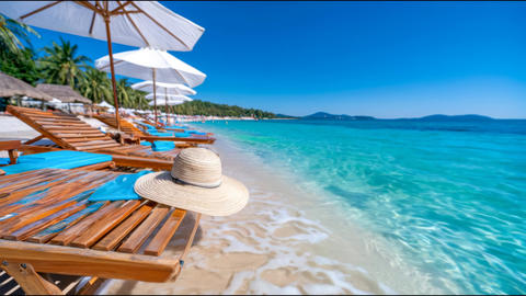 A straw hat rests on a wooden beach lounger beside turquoise water