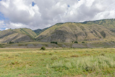 Scenic view of rolling green hills and meadows in the Ak-Kem valley