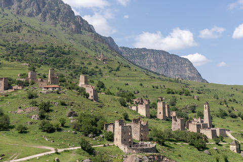 Ancient Egikal medieval stone tower complex in green mountain valley