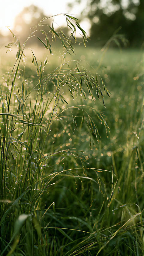 Close-Up of Dew-Covered Grass Glowing in Backlight
