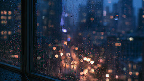 Rain-Covered Window with a Blurred Urban Nightscape in the Background