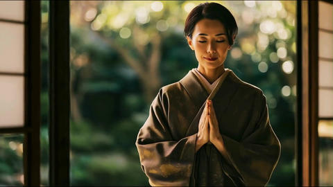 A middle-aged woman in a kimono quietly meditating with hands pressed together in prayer