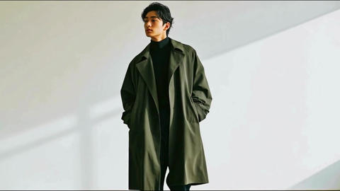 Portrait of a young Japanese man standing in a coat Male fashion model for fall/winter