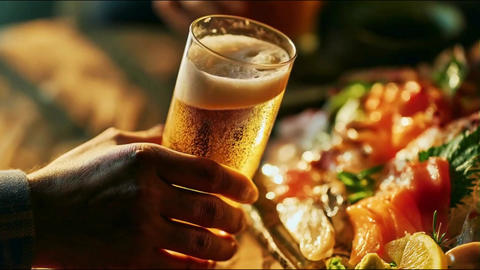 お刺身と冷えたビールで乾杯する手元と居酒屋の料理