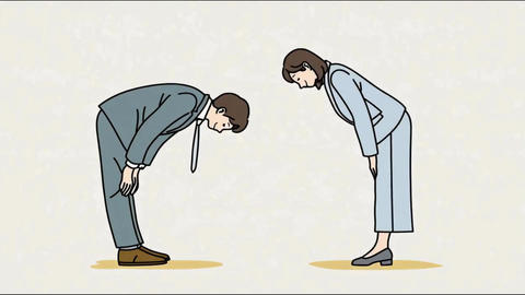 おじぎをして挨拶・感謝をするビジネスパーソンのイラスト(男性と女性)