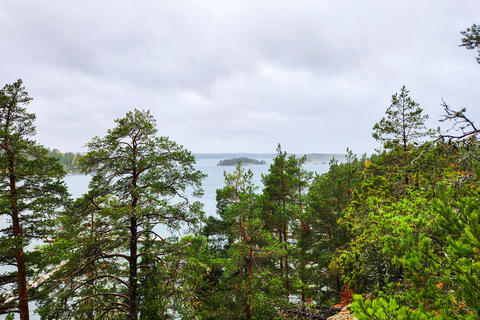 Beautiful view of Baltic Sea islands through pine forest on Grinda against cloudy sky. Sweden