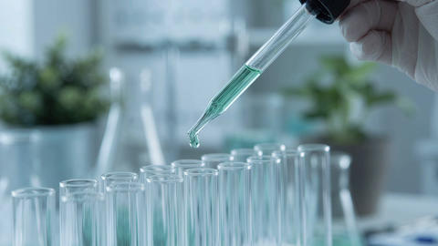 Scientist Dropping Green Liquid into Test Tubes in Research Laboratory