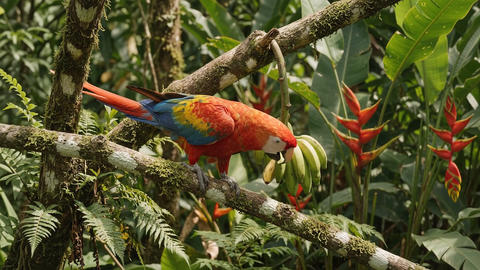 Colorful Scarlet Macaw Feeding on Bananas in Tropical Rainforest