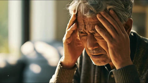 Expression of a senior man holding his head in distress; an elderly man worrying alone