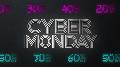 Silver Cyber Monday sale loop with scrolling neon OFF percentage discounts 4K