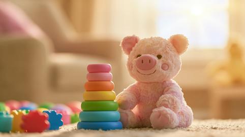 Modern nursery with plush pig and stacking toy