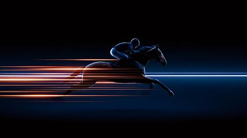 Race horse and jockey moving at high speed