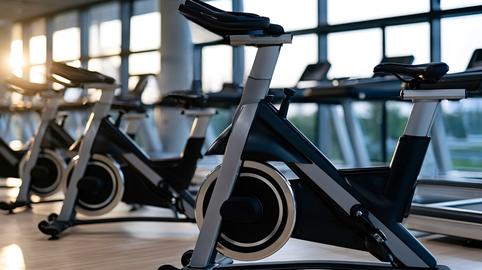 Stationary exercise bikes in modern gym for fitness workout