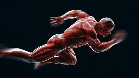 Human muscular system sprinting showing motion and speed