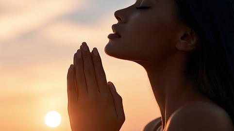 Woman praying at sunset finding inner peace and spirituality