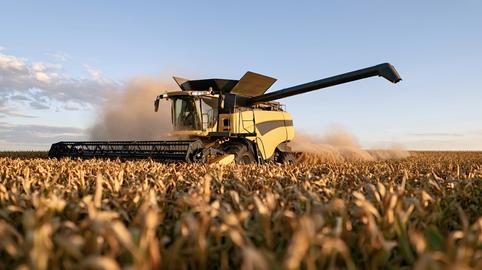 Combine harvester working in dusty corn field at sunset