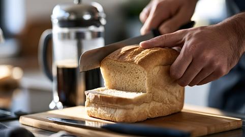 Man slicing fresh bread for morning breakfast with coffee
