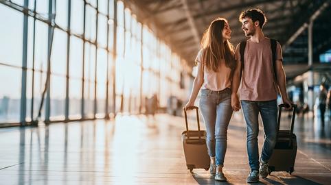 Young couple traveling walking with suitcases in airport terminal