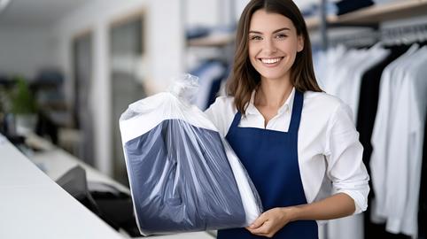 Woman holding clean clothes in plastic bag at dry cleaning store