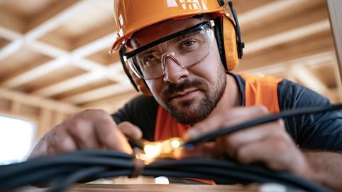 Electrician installing wiring in a new residential construction