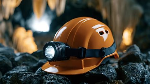 Orange mining hard hat with headlamp on coal rocks