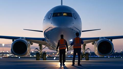 Ground crew preparing aircraft for departure at dusk