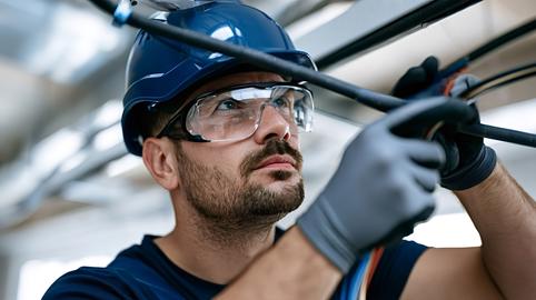 Electrician installing network cables for data infrastructure