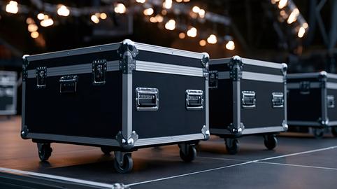 Road cases with equipment on stage preparing for performance