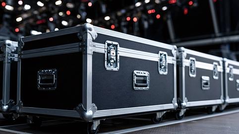 Professional flight cases storing equipment for concert touring