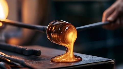 Glassblower shaping molten glass into fluid art form