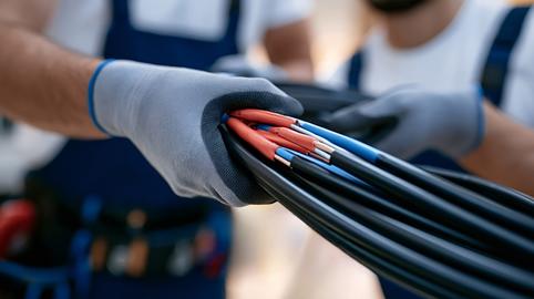 Electricians holding electrical power cables for installation work