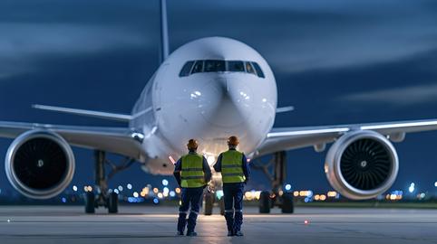 Ground crew preparing commercial airplane on runway at night