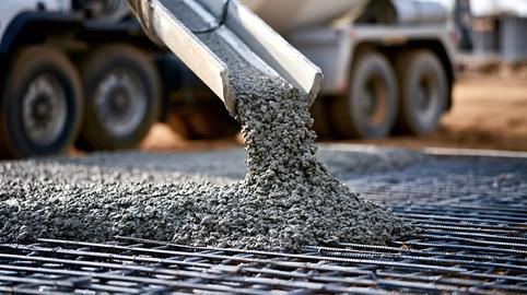 Concrete mixer truck pouring wet cement on rebar foundation
