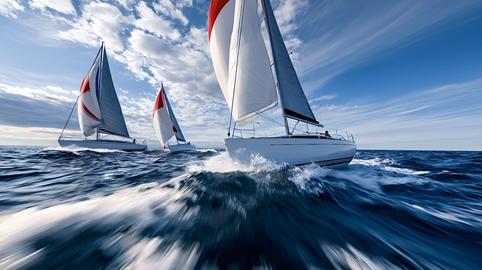 Sailboats racing across open ocean under blue sky
