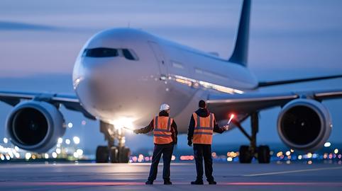 Ground crew directing airplane on tarmac at night