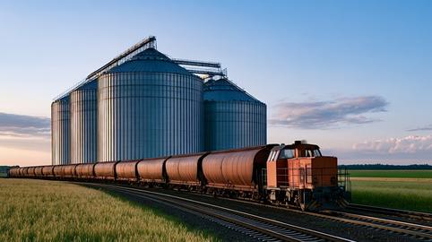 Freight train transporting grain past agricultural silos at sunset