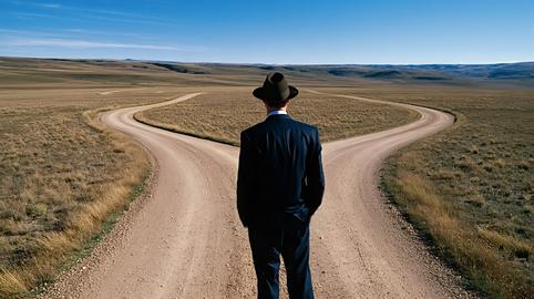 Man choosing path at crossroads in vast landscape