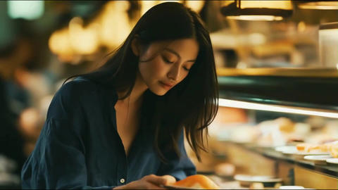 Young woman smiling while eating sushi at a conveyor-belt sushi restaurant