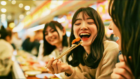 Smiling Japanese women happily eating sushi at a conveyor-belt sushi restaurant