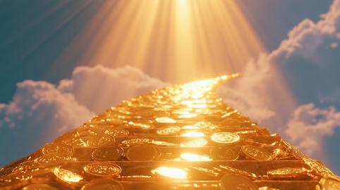 Gold coins on marble steps lead to a glowing sky