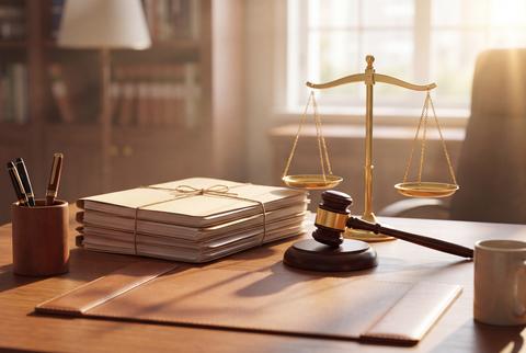 Lawyer desk with scales of justice case files and wooden gavel