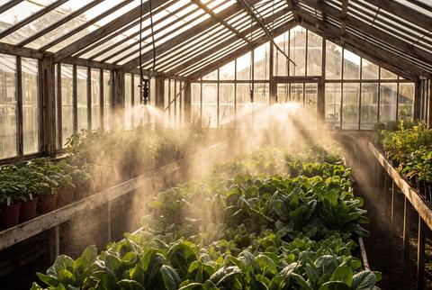 Greenhouse Irrigation System Watering Green Crops Inside Glasshouse Structure