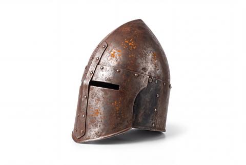 Historical Medieval Iron Knight Helmet Isolated on White Background