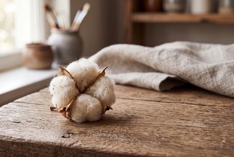 Organic Cotton Boll on Weathered Wooden Table with Linen Cloth